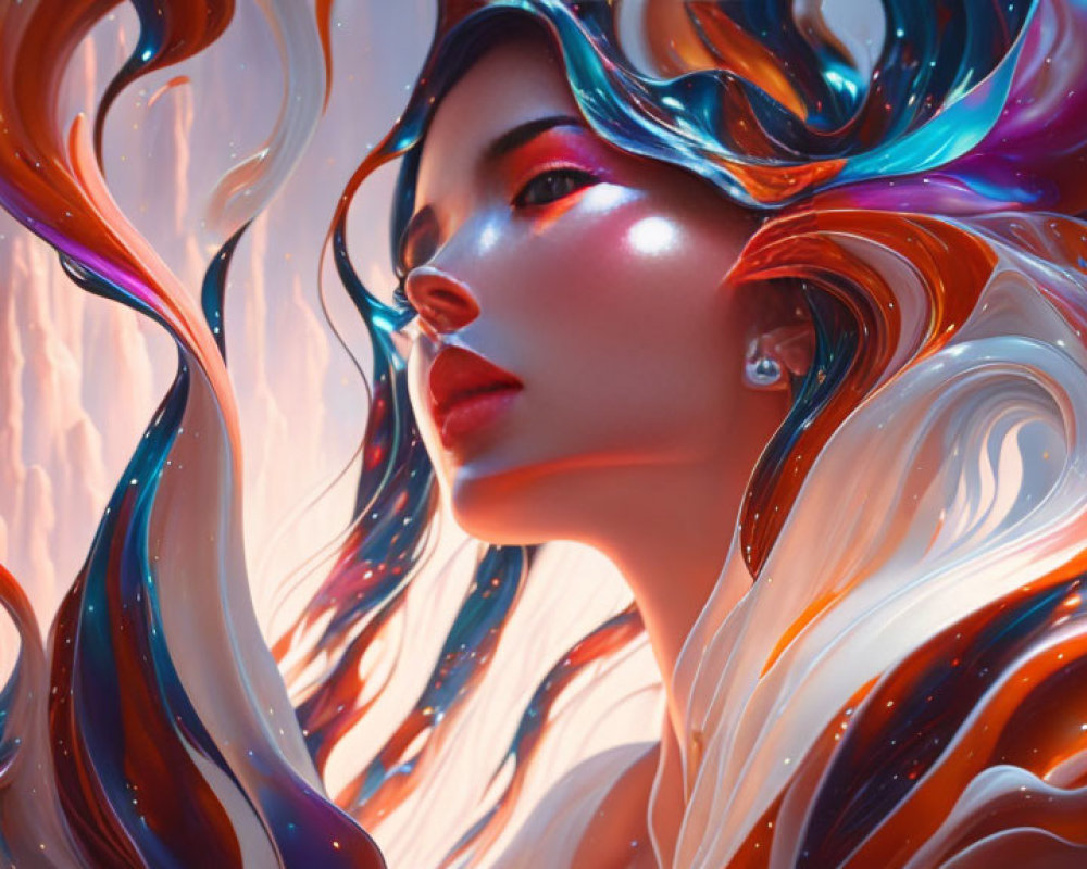 Colorful digital artwork: Woman with flowing hair in abstract swirl of colors