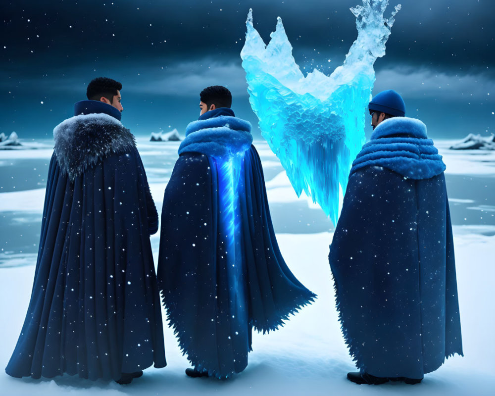 Three Figures in Blue Cloaks Admiring Glowing Ice Structure