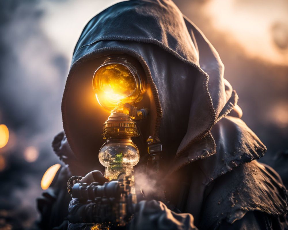 Cloaked figure holding glowing orb and intricate device in dimly lit scene