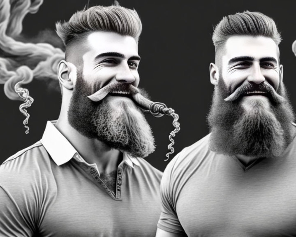 Stylized male characters with beards and smoke in gray-scale