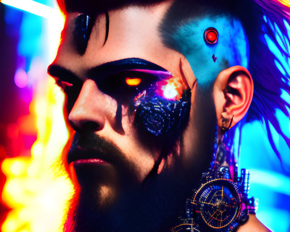 Creative Mohawk and Cyberpunk Makeup with Mechanical Eye Overlay in Neon Background