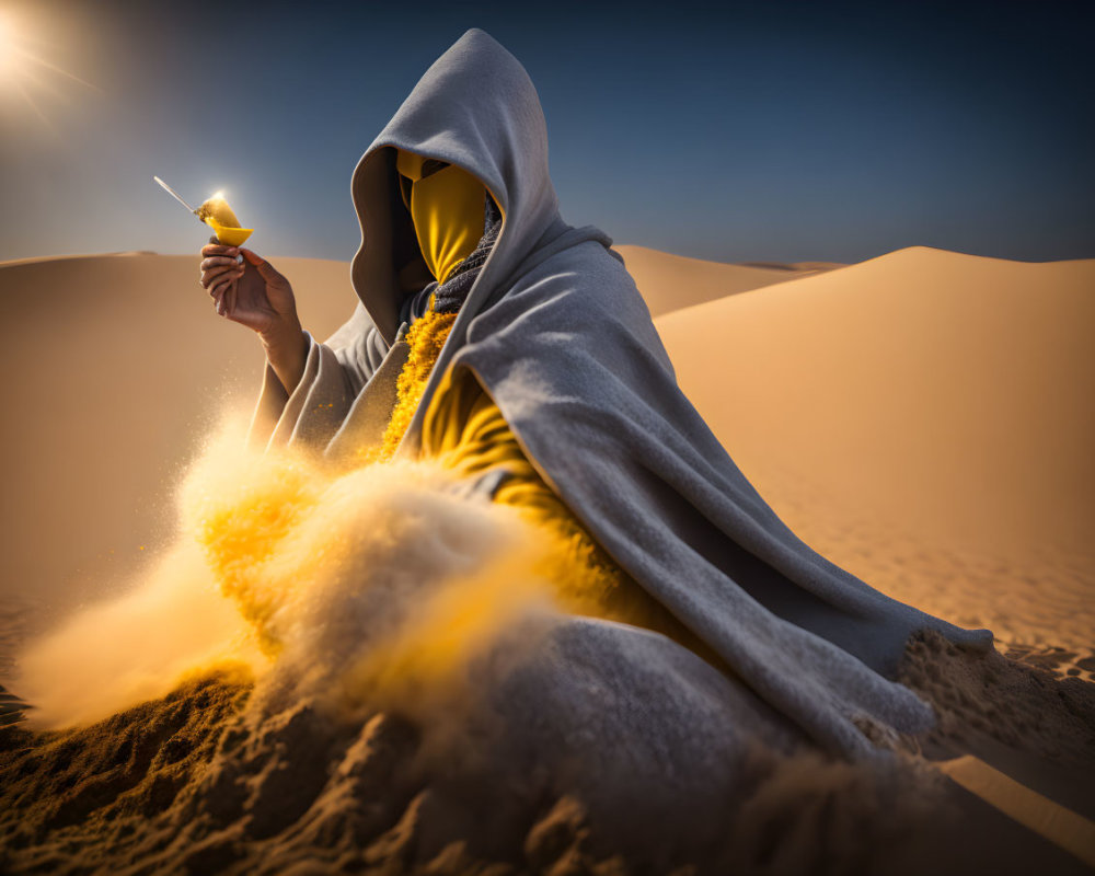 Cloaked Figure Holding Illuminated Object in Desert Landscape