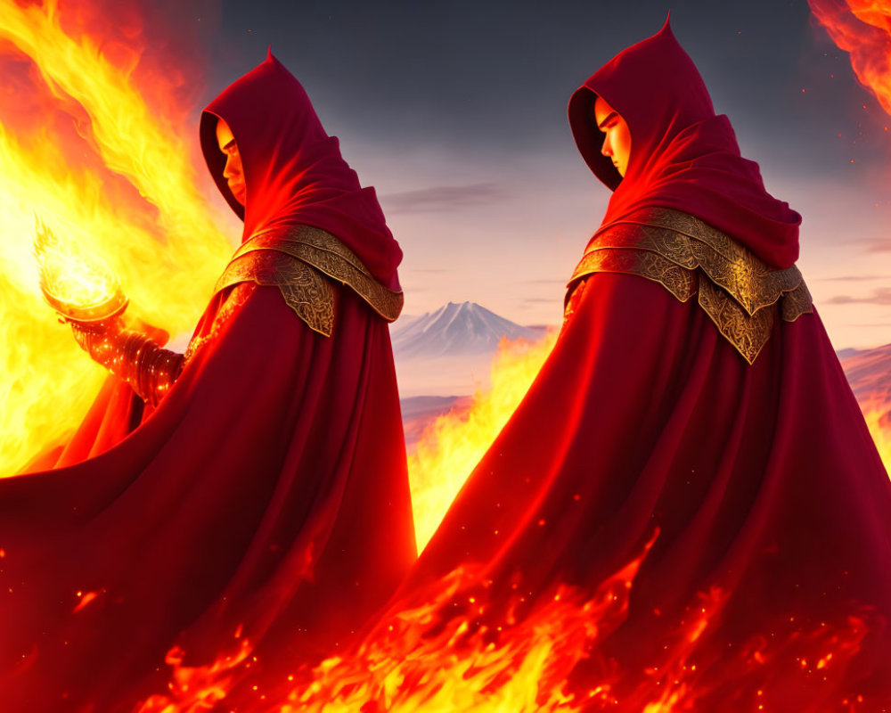 Two figures in red cloaks against fiery mountain backdrop.