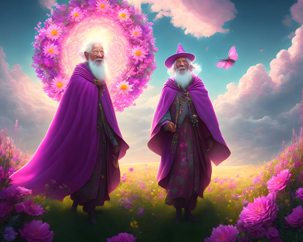 Whimsical wizards in purple robes in lush field with floral portal and butterfly