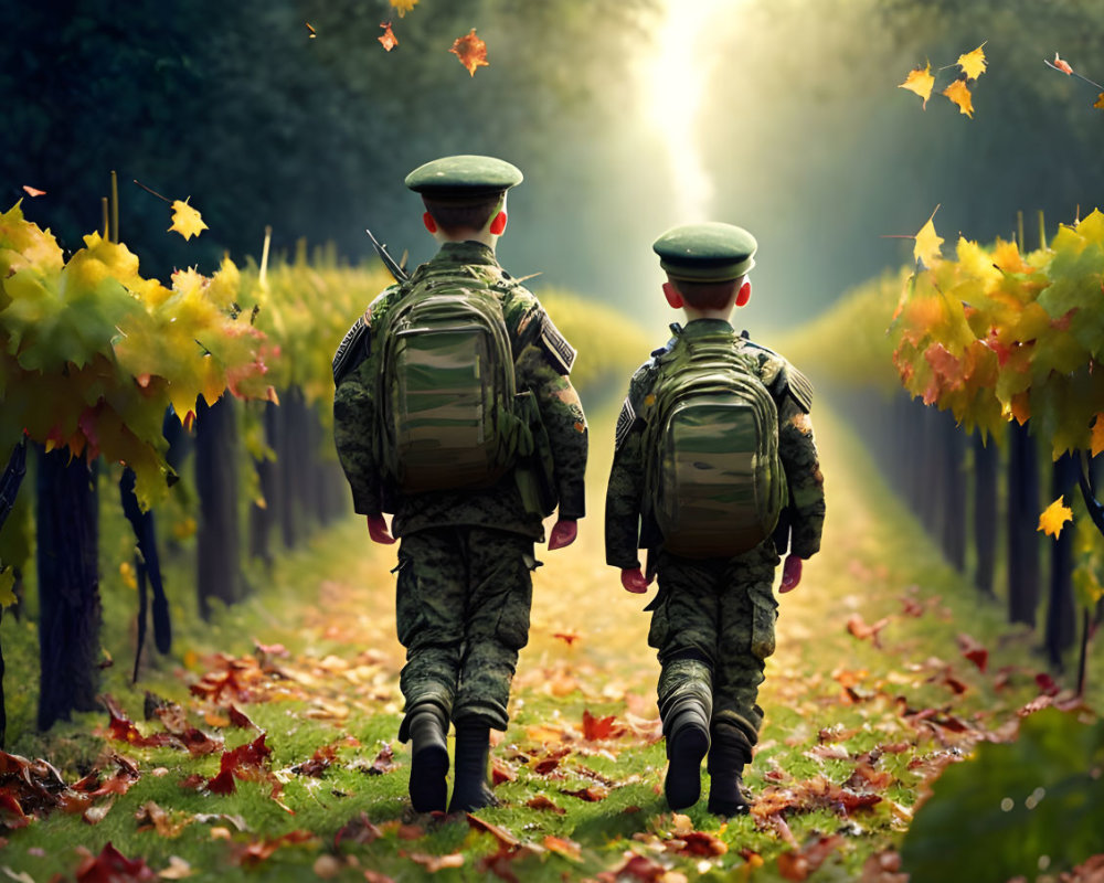 Soldiers walking in vineyard with sunlight and autumn leaves