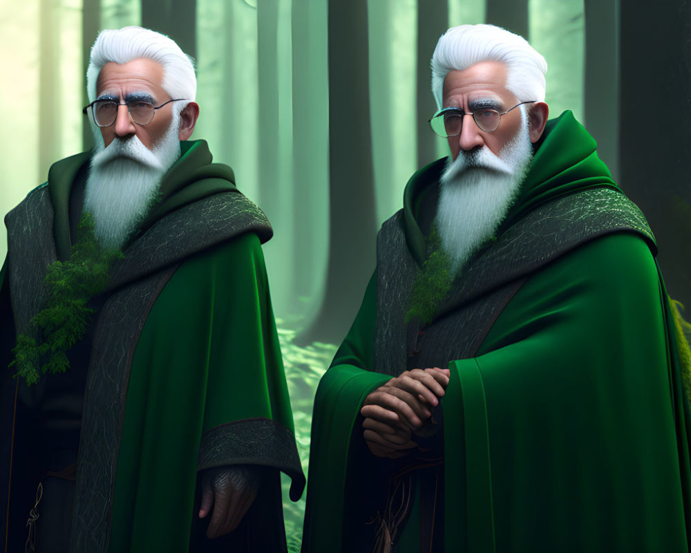 Elderly wizards in green cloaks in misty forest