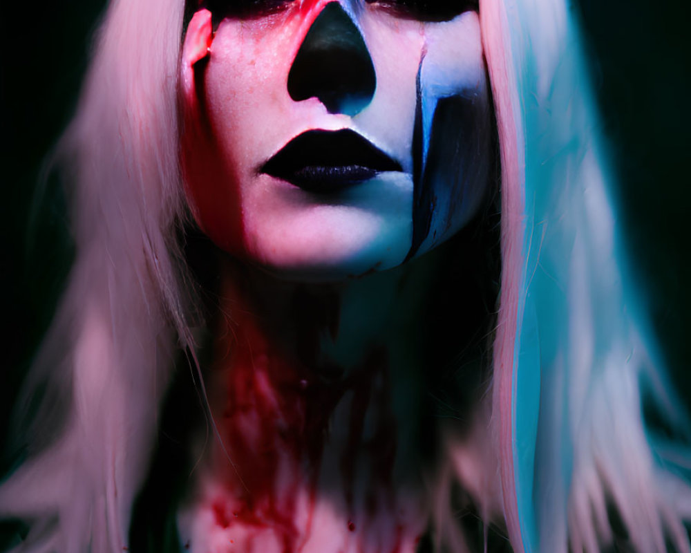 Person with Red, Black, and White Face Paint and Blood-like Effects