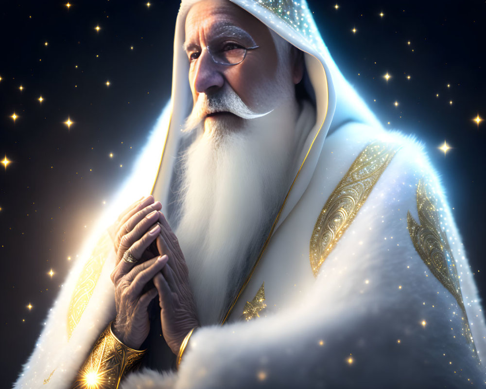 Elderly man in white robe with golden trim on starry background