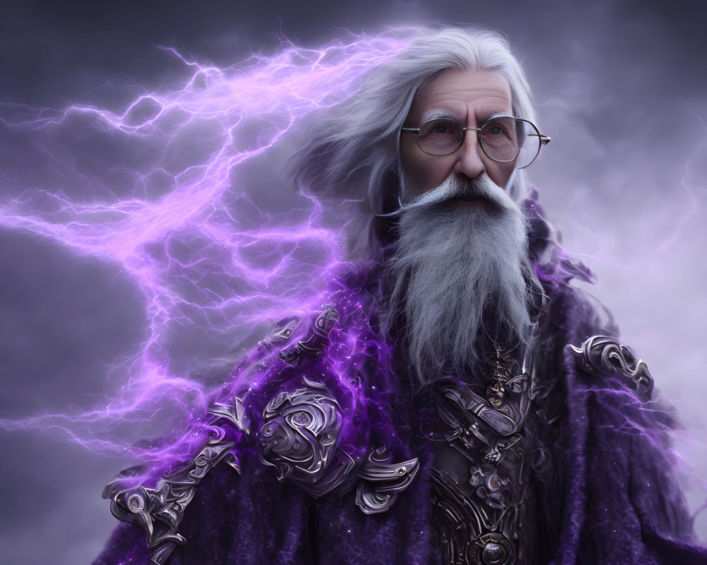 Elder wizard with white beard in purple cloak and glasses amidst purple lightning