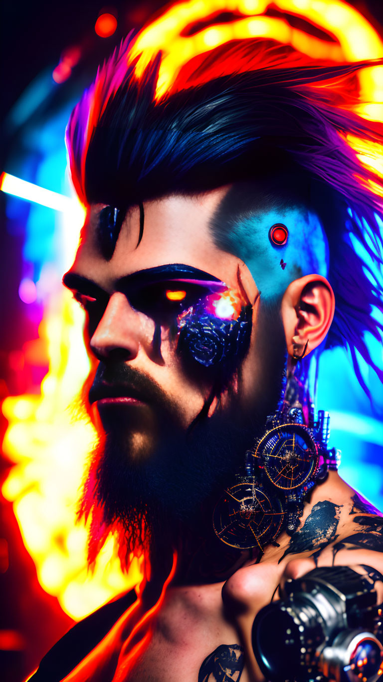 Creative Mohawk and Cyberpunk Makeup with Mechanical Eye Overlay in Neon Background