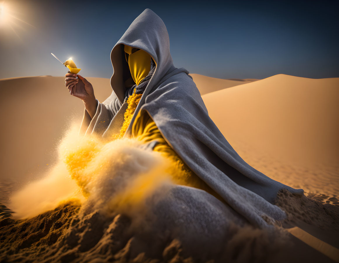 Cloaked Figure Holding Illuminated Object in Desert Landscape