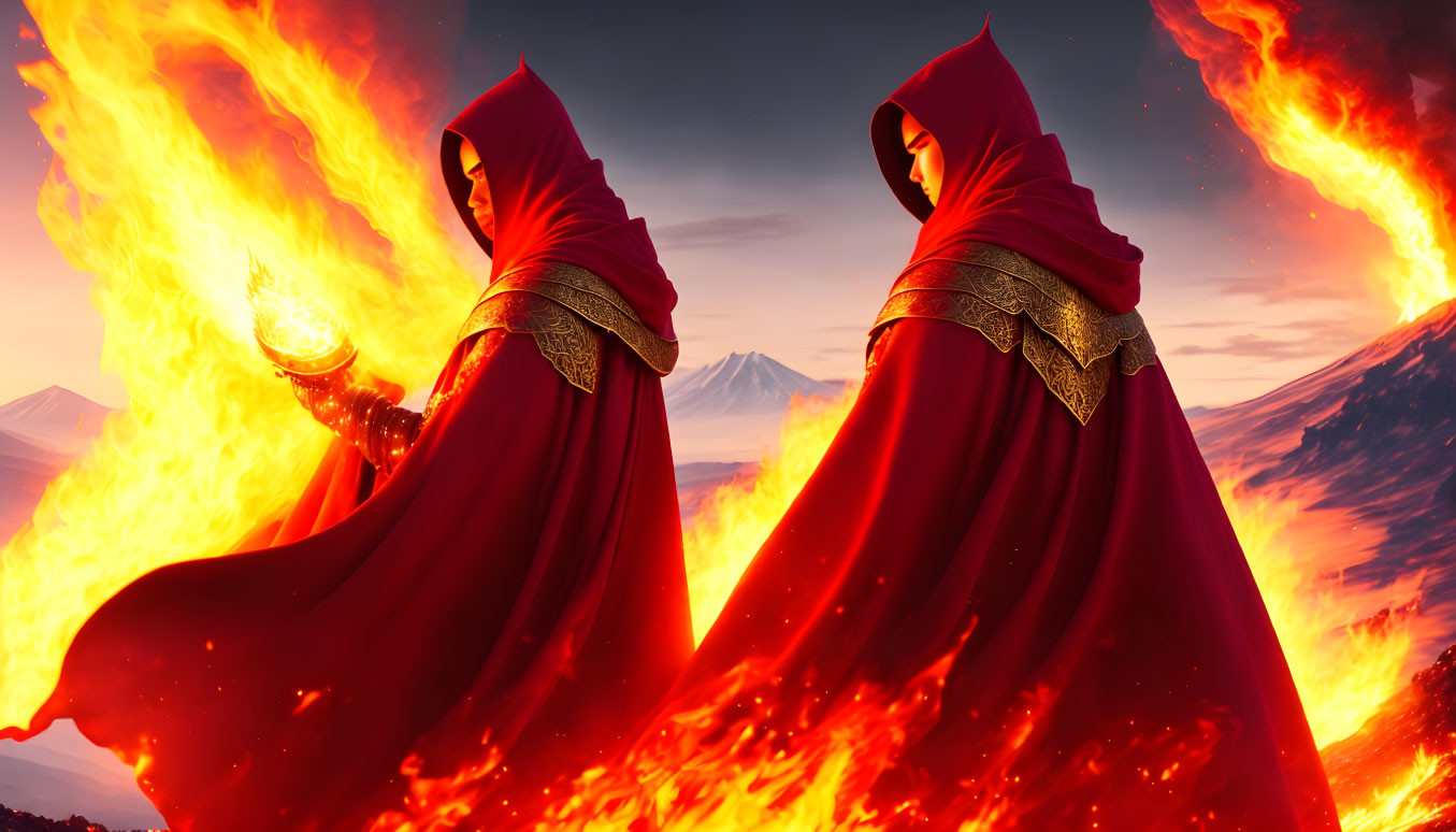 Two figures in red cloaks against fiery mountain backdrop.