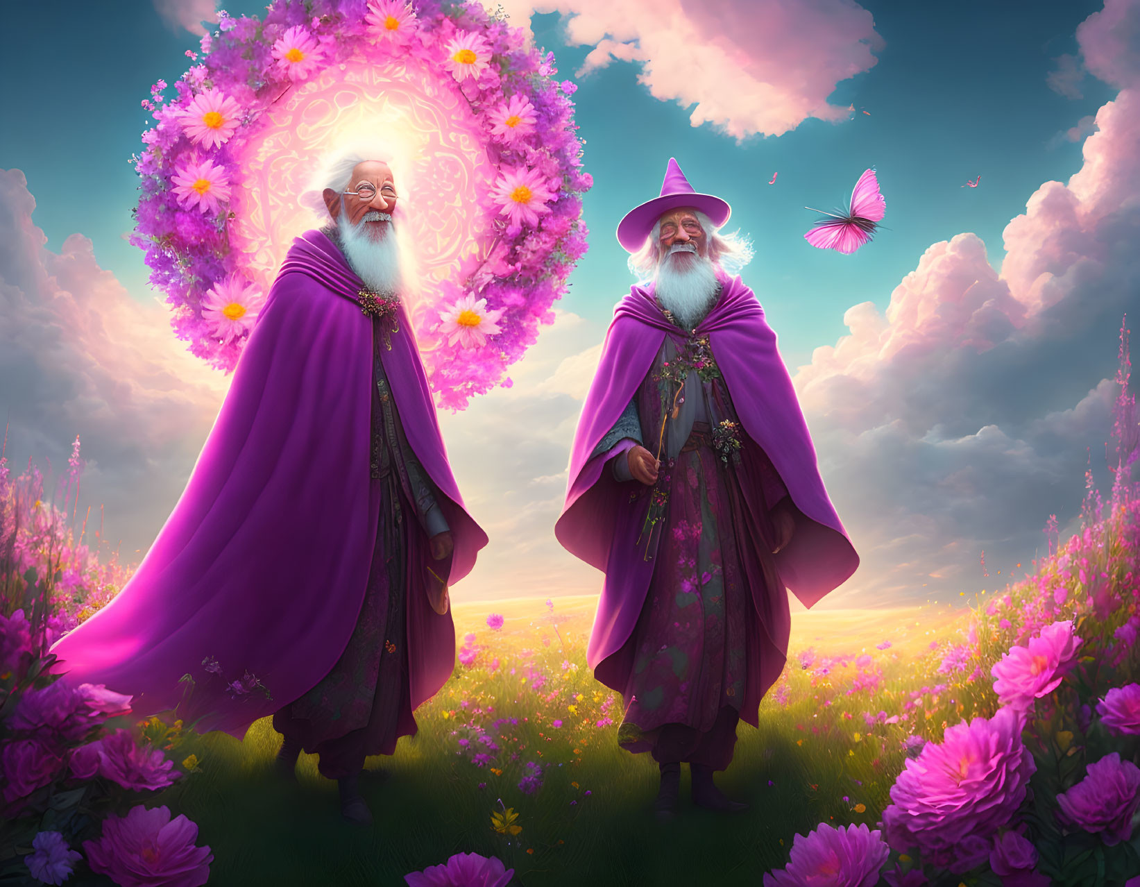 Whimsical wizards in purple robes in lush field with floral portal and butterfly