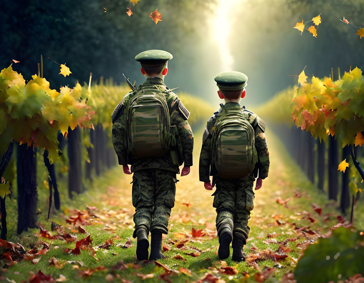 Soldiers walking in vineyard with sunlight and autumn leaves