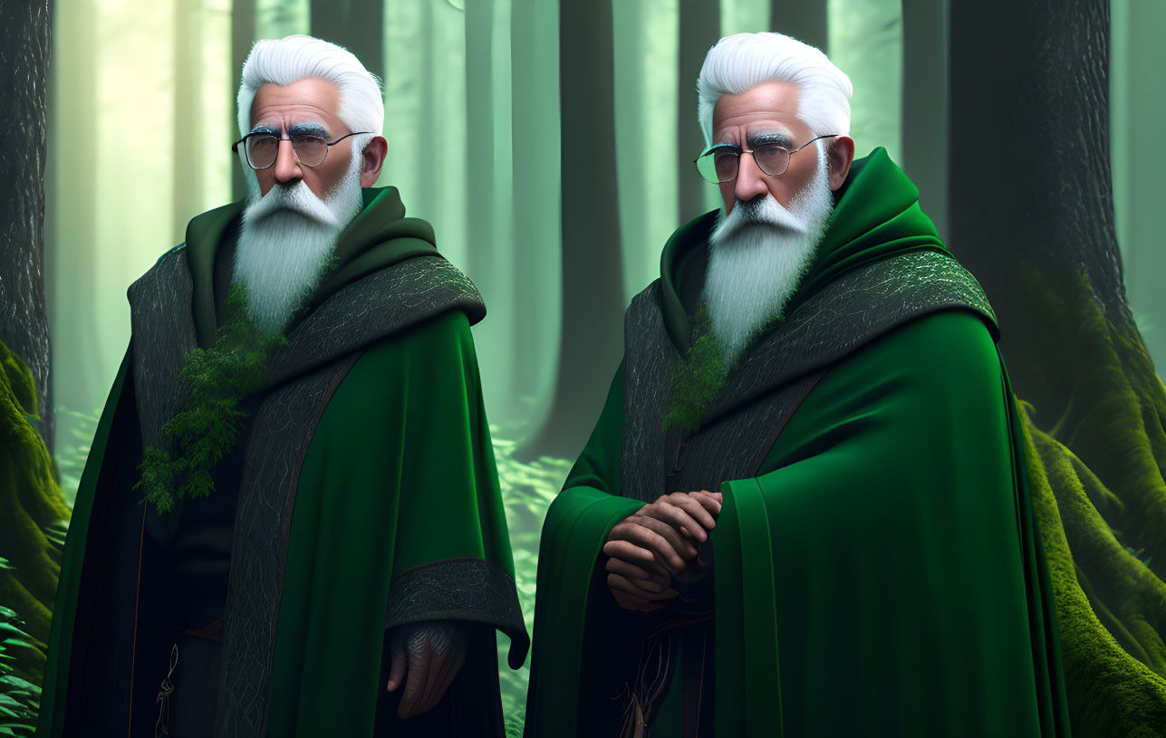 Elderly wizards in green cloaks in misty forest