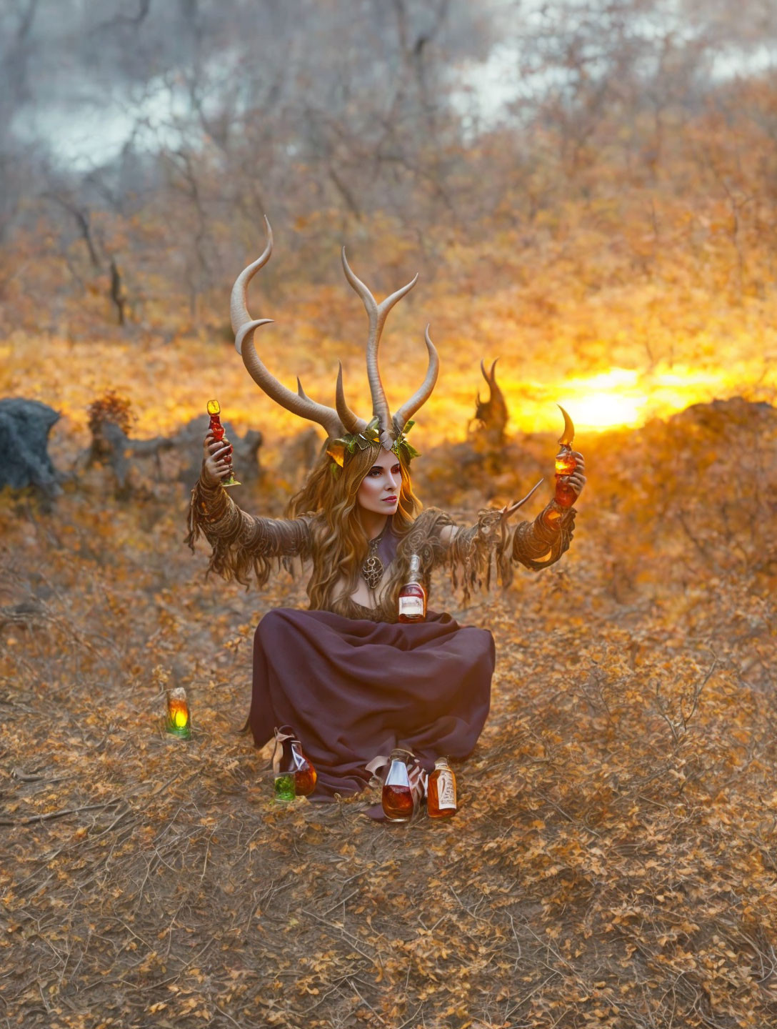 Person with antlers and nature makeup holding potions in mystical forest at sunset