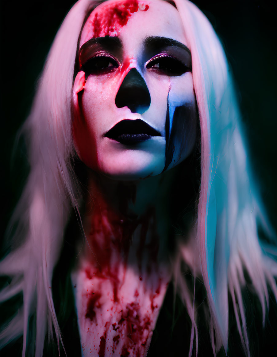 Person with Red, Black, and White Face Paint and Blood-like Effects