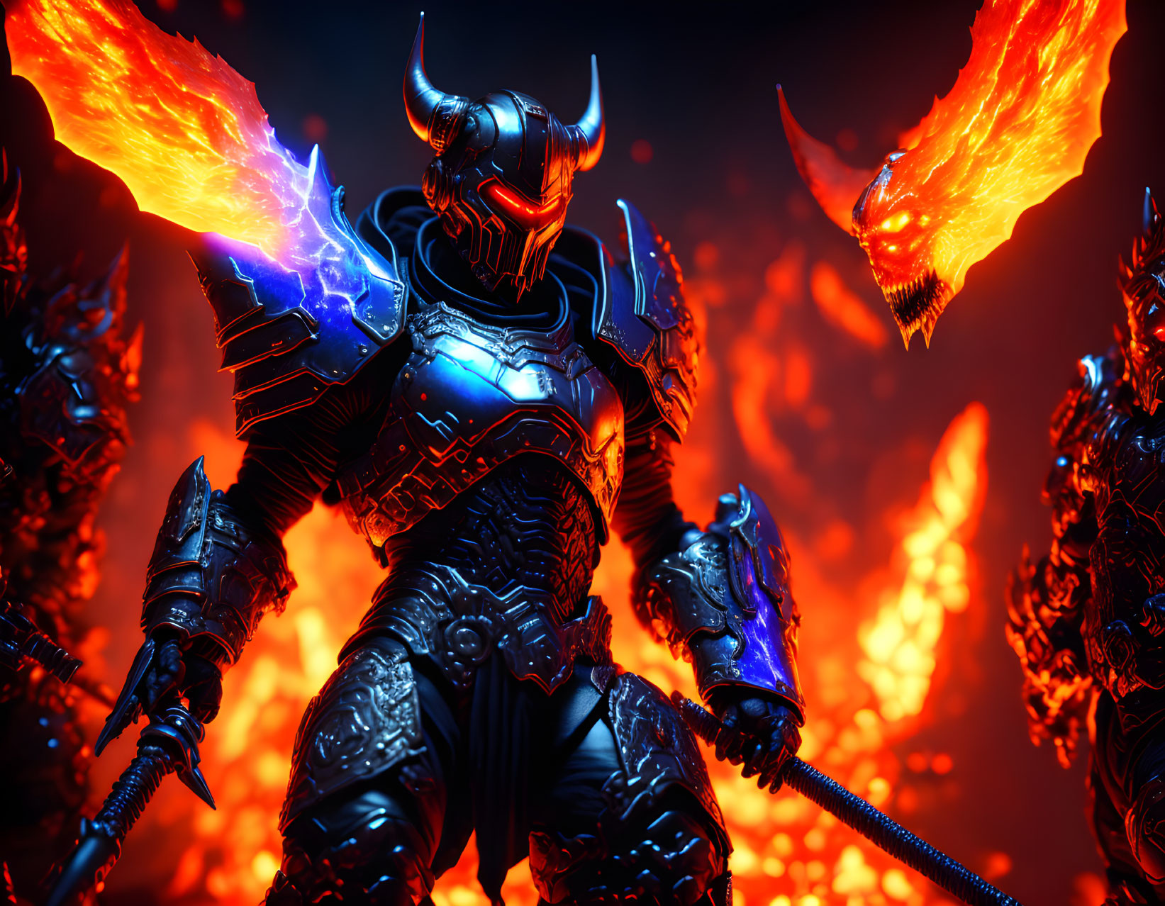 Armored knight with fiery whip and dragon-like creatures on dark red background