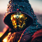 Hooded figure with golden mechanical mask in dew-speckled cloak