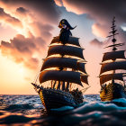 Majestic tall ships sailing through rough seas at sunset