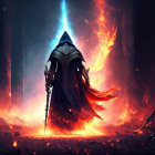 Cloaked figure with sword in fiery fantasy landscape