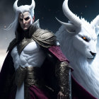 Fantasy illustration of armored figure with white horns and giant white horned goat under cloudy night sky