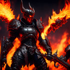 Armored knight with fiery whip and dragon-like creatures on dark red background