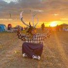 Person with antlers and nature makeup holding potions in mystical forest at sunset