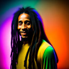 Person with dreadlocks in green and yellow shirt smiling on vibrant orange and purple backdrop