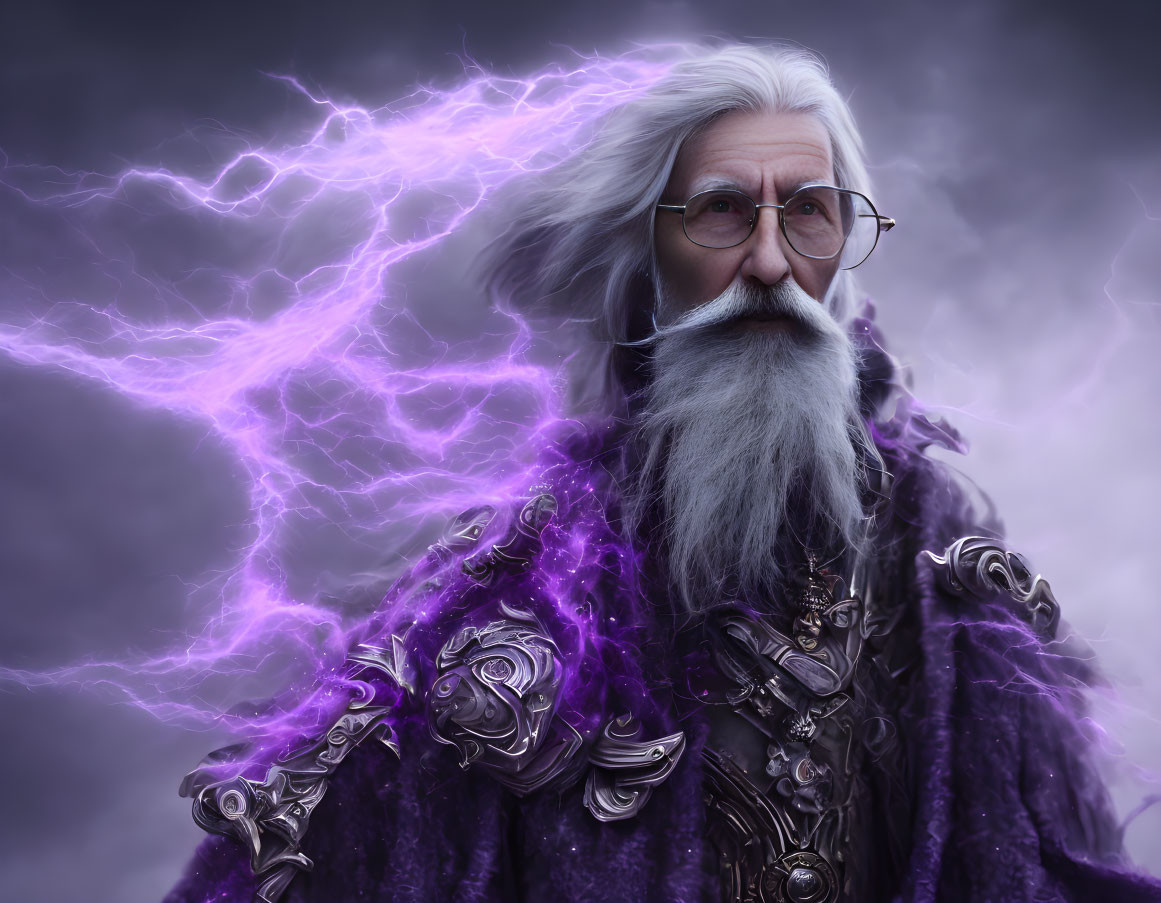 Elder wizard with white beard in purple cloak and glasses amidst purple lightning