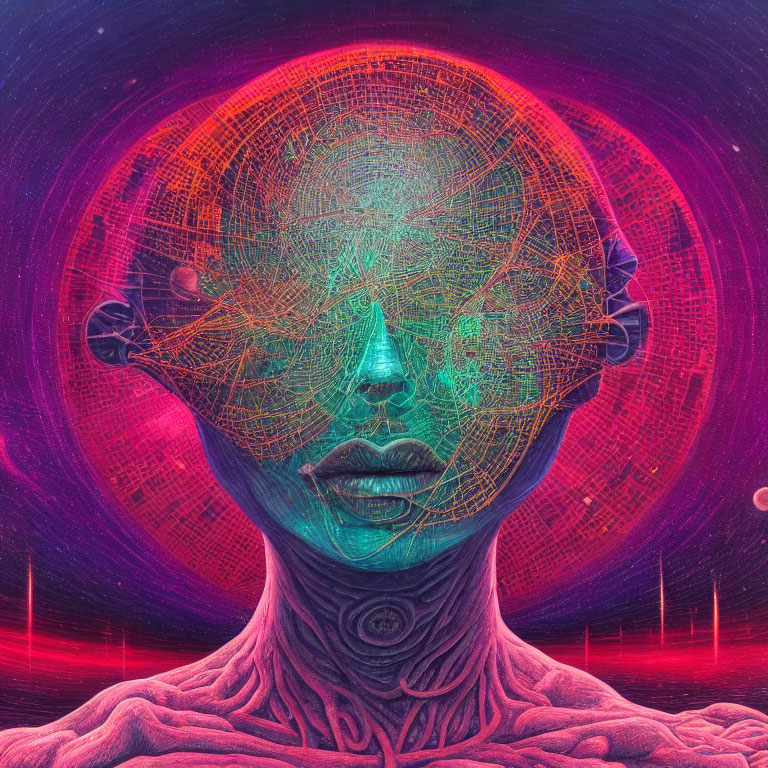 Colorful digital artwork of face with intricate brain patterns against cosmic backdrop