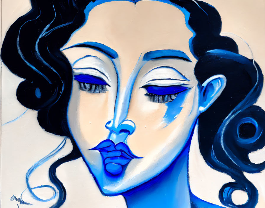 Stylized woman's face in abstract painting with blue features