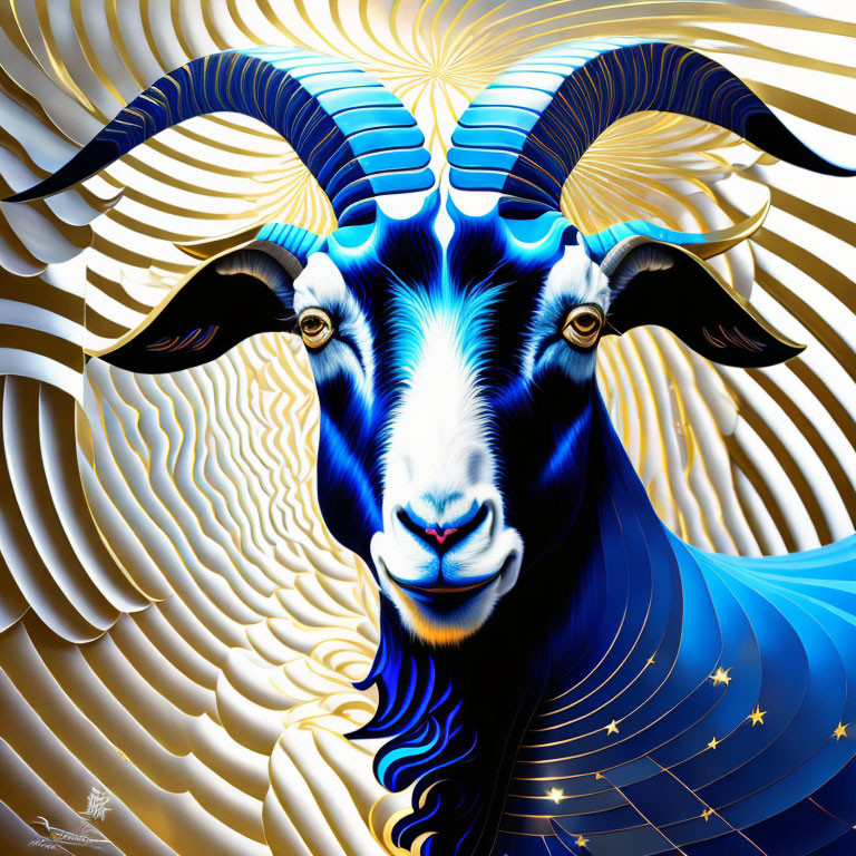 Blue and Gold Goat with Swirling Horns on Radiating Golden Background