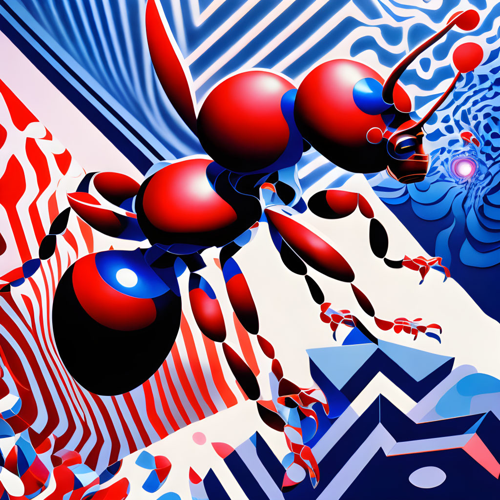 Vibrant red ant on blue-and-white abstract background