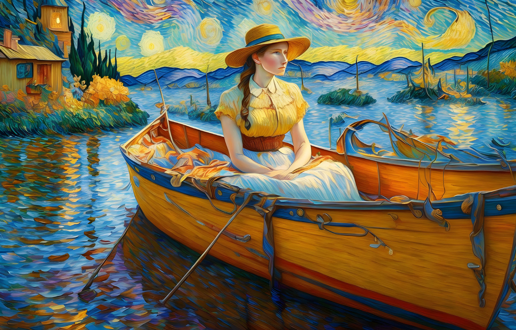 Woman in straw hat in rowboat under Van Gogh-inspired starry night landscape