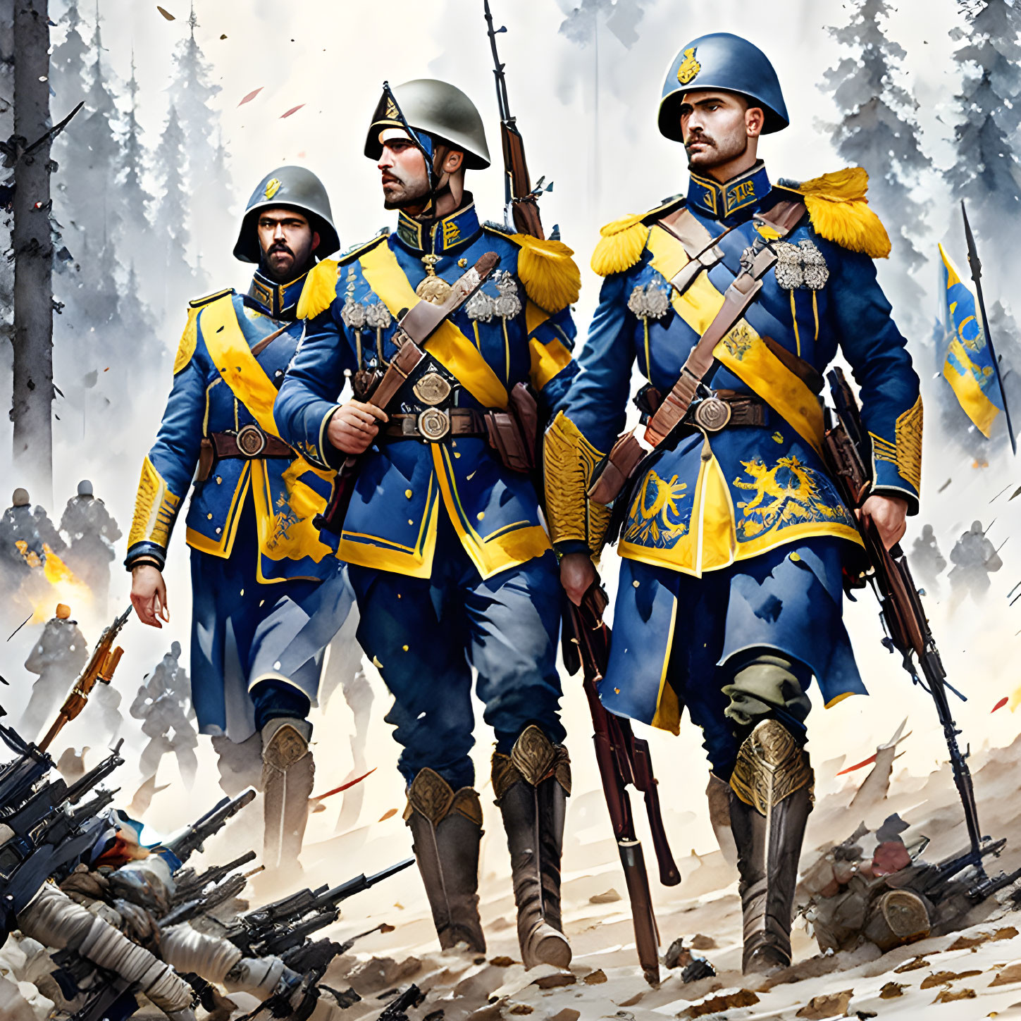 Military soldiers in blue and gold uniforms on snowy battlefield.