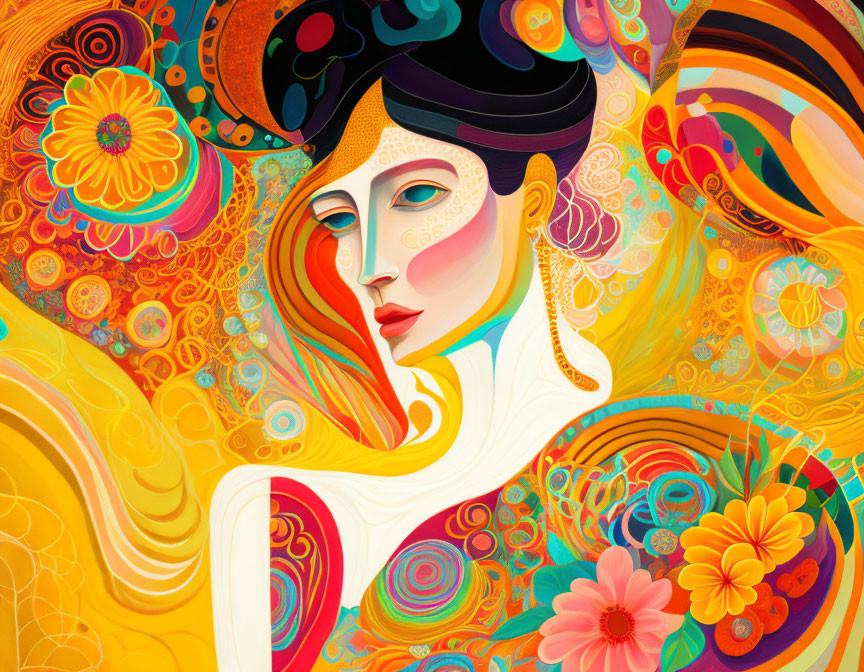 Colorful Stylized Portrait of Woman with Elaborate Hair and Clothing