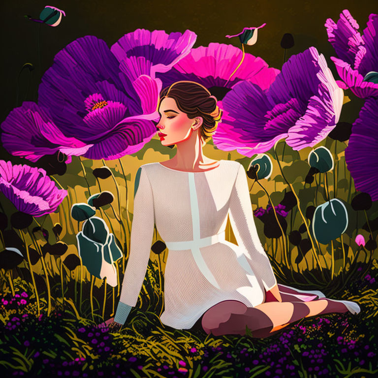 Stylized illustration of woman in serene garden with purple flowers