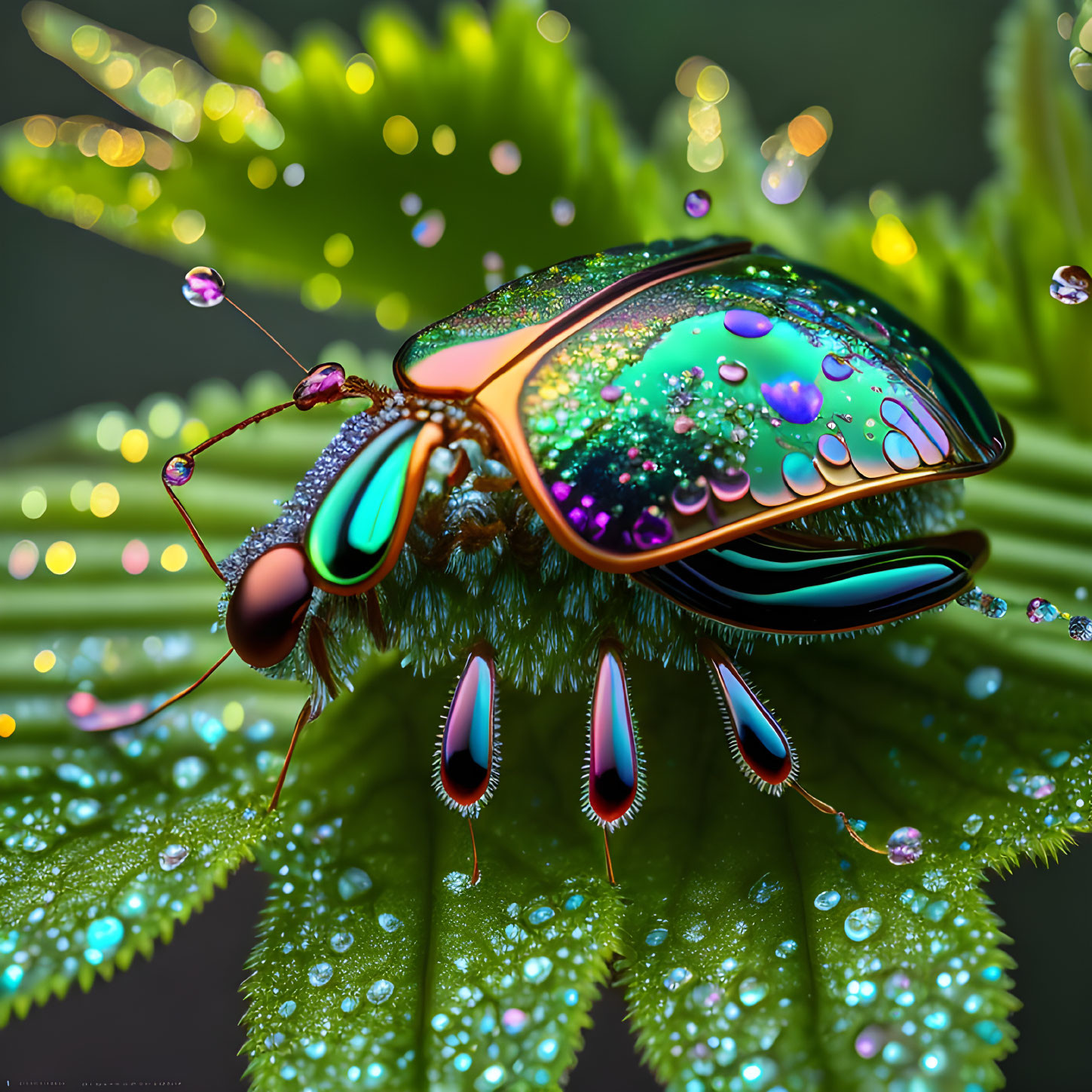 Colorful iridescent beetle on dew-covered green leaf with reflective water droplets