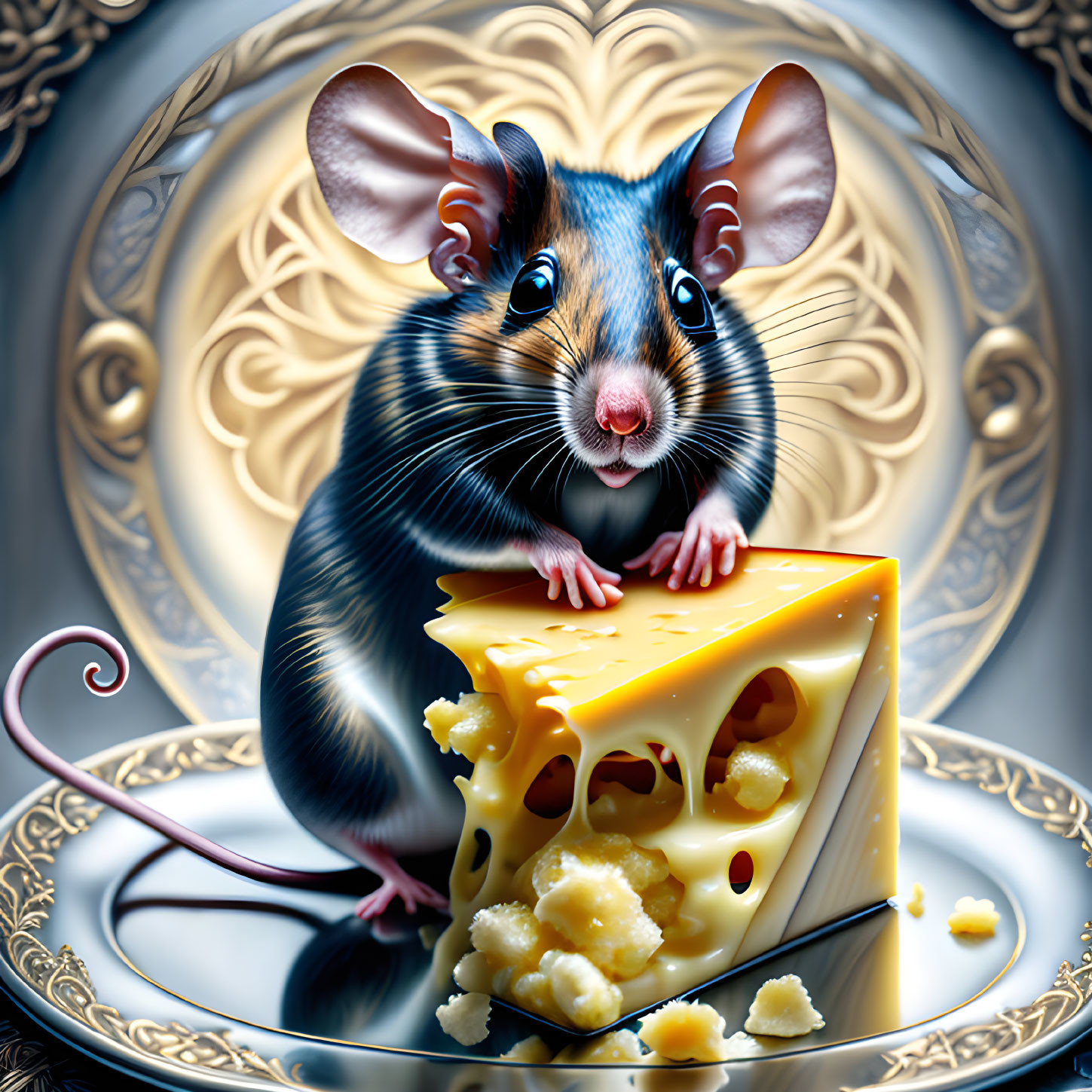 Realistic mouse illustration on Swiss cheese background