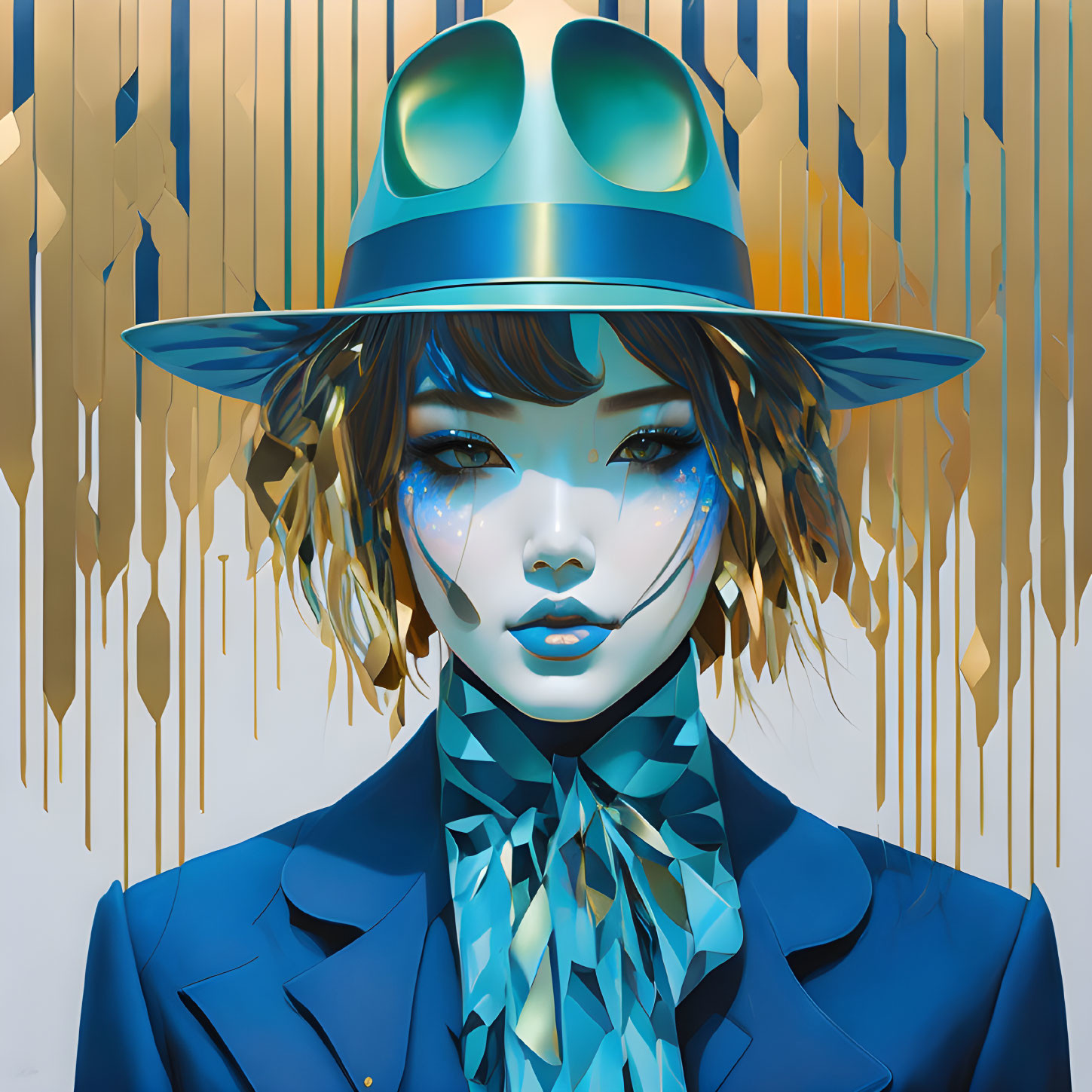 Stylish figure with angular face and geometric background