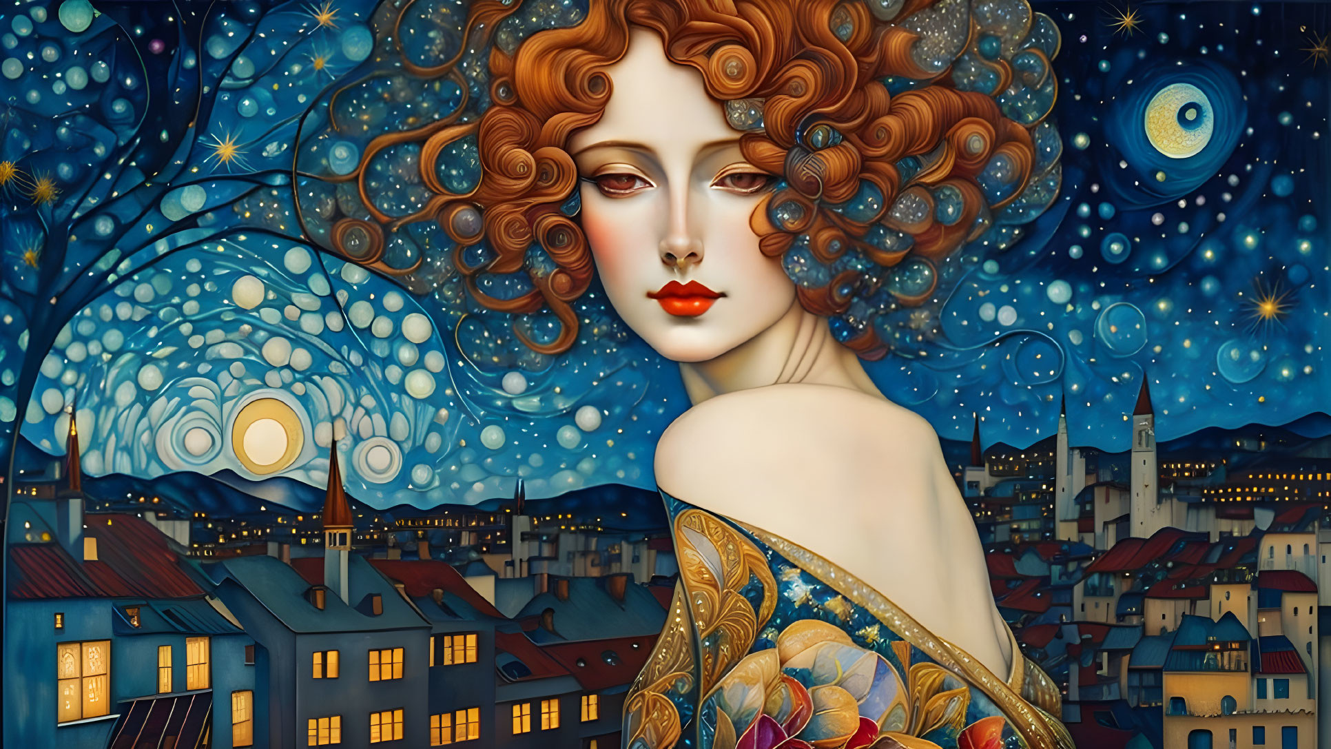 Stylized woman with red hair in celestial nightscape