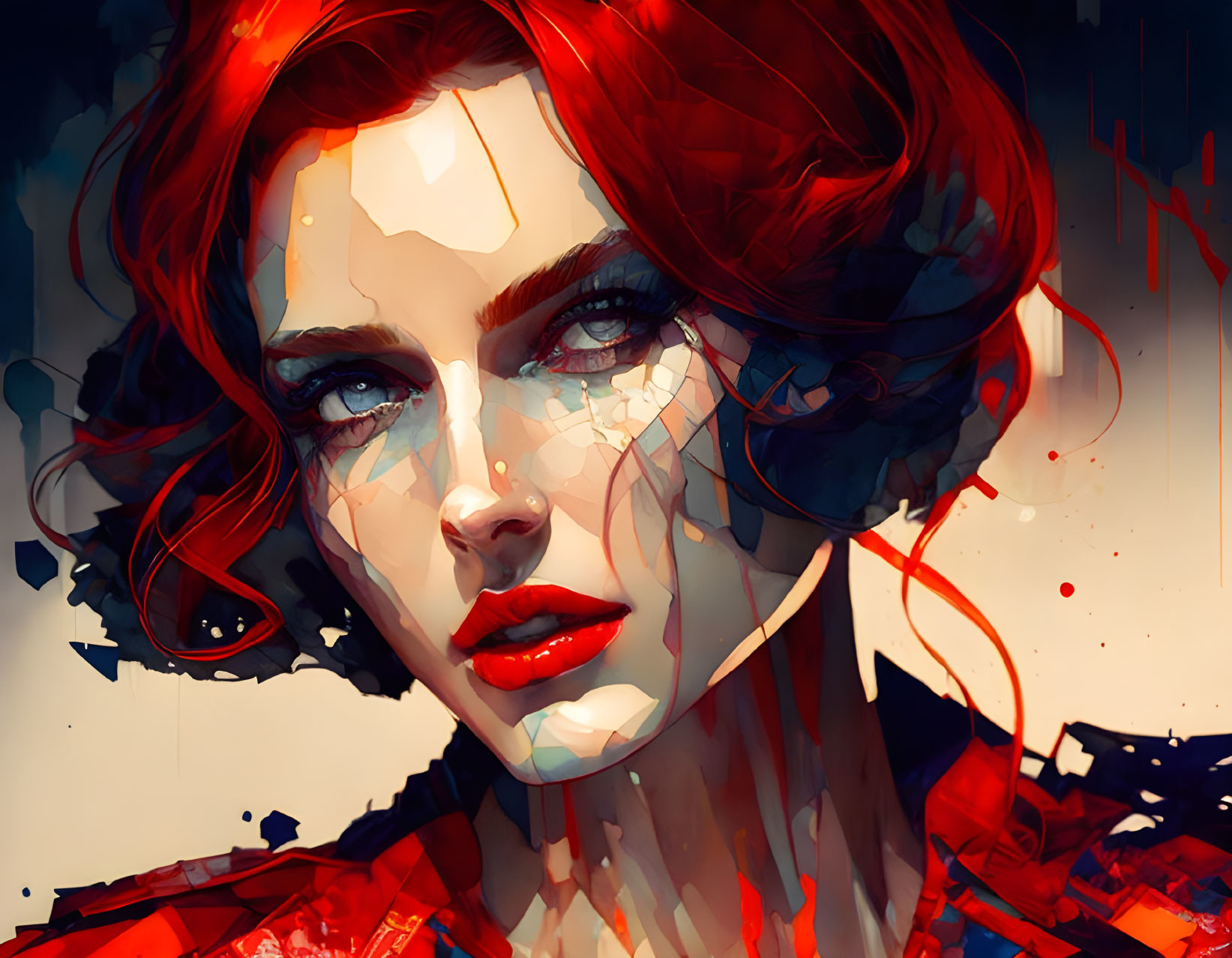 Vibrant red hair and lips in stylized mosaic illustration