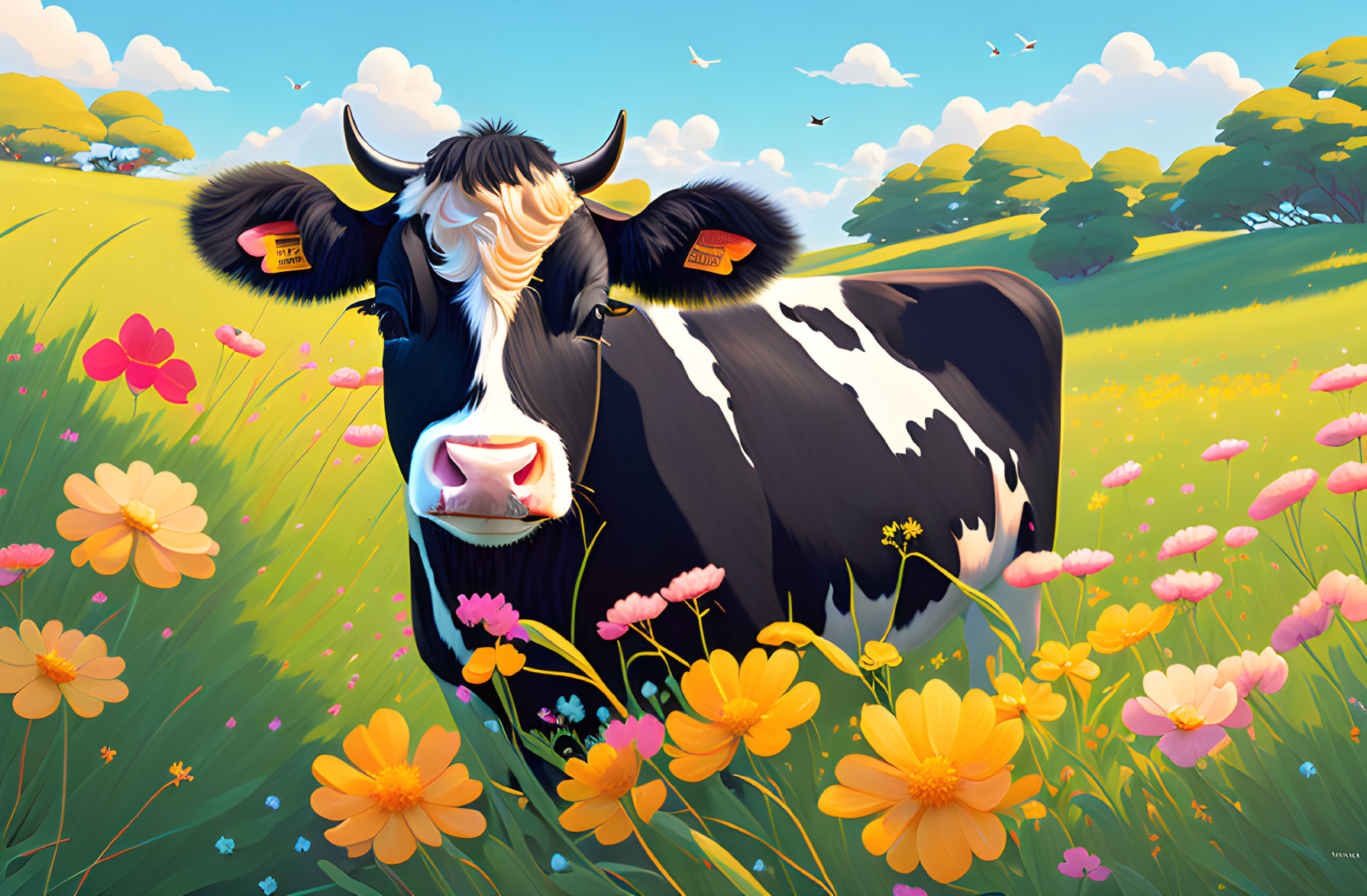 Vibrant meadow scene with cow, wildflowers, and sunny sky