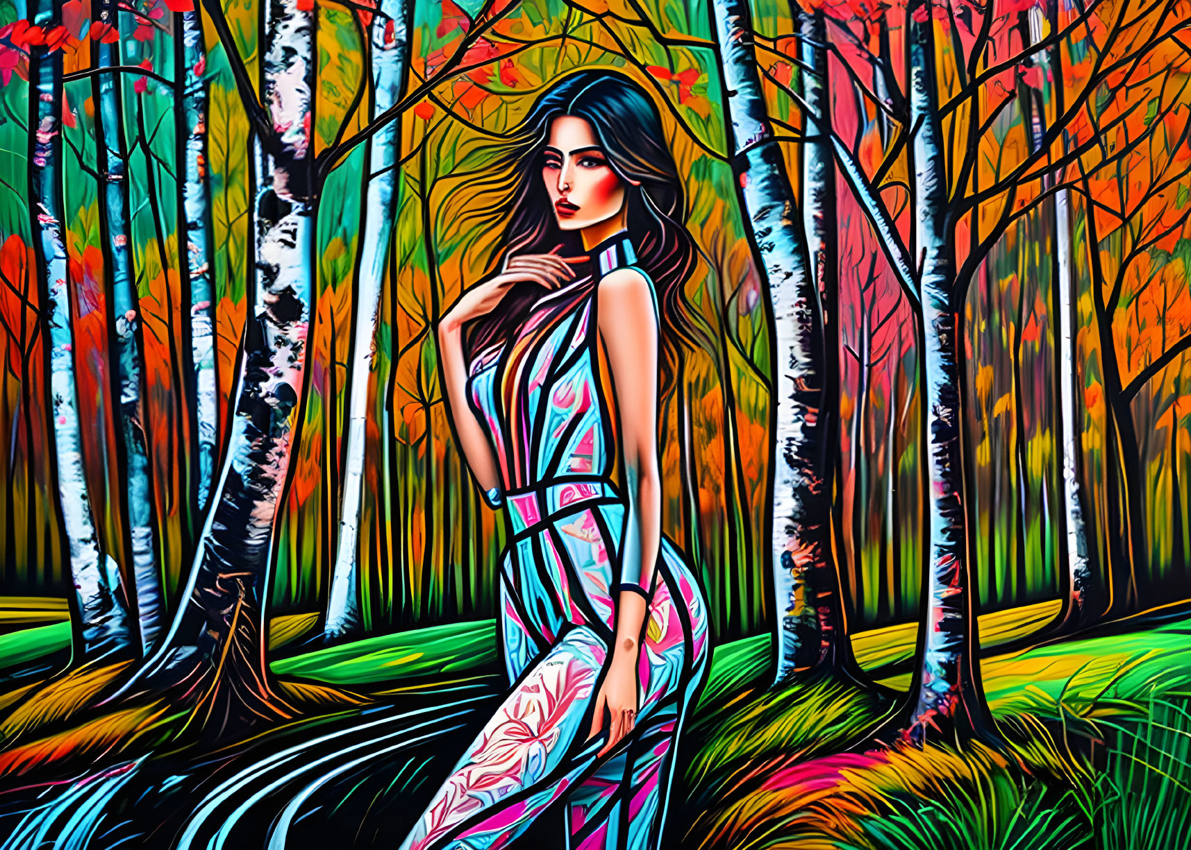 Vibrant forest scene with stylized woman and bold trees