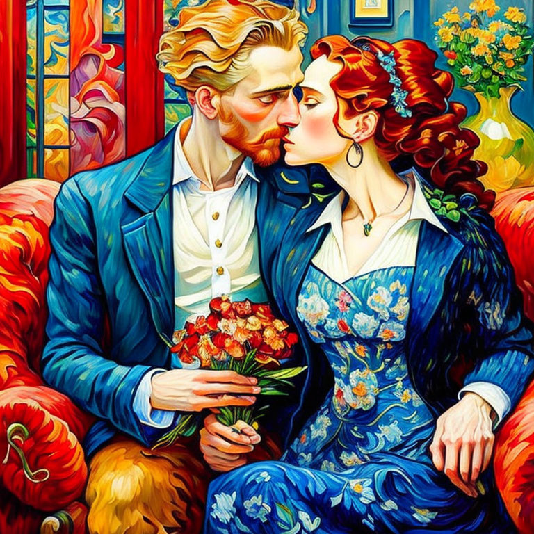 Colorful painting of couple in embrace with swirling patterns & bold colors, reminiscent of Van Gogh.