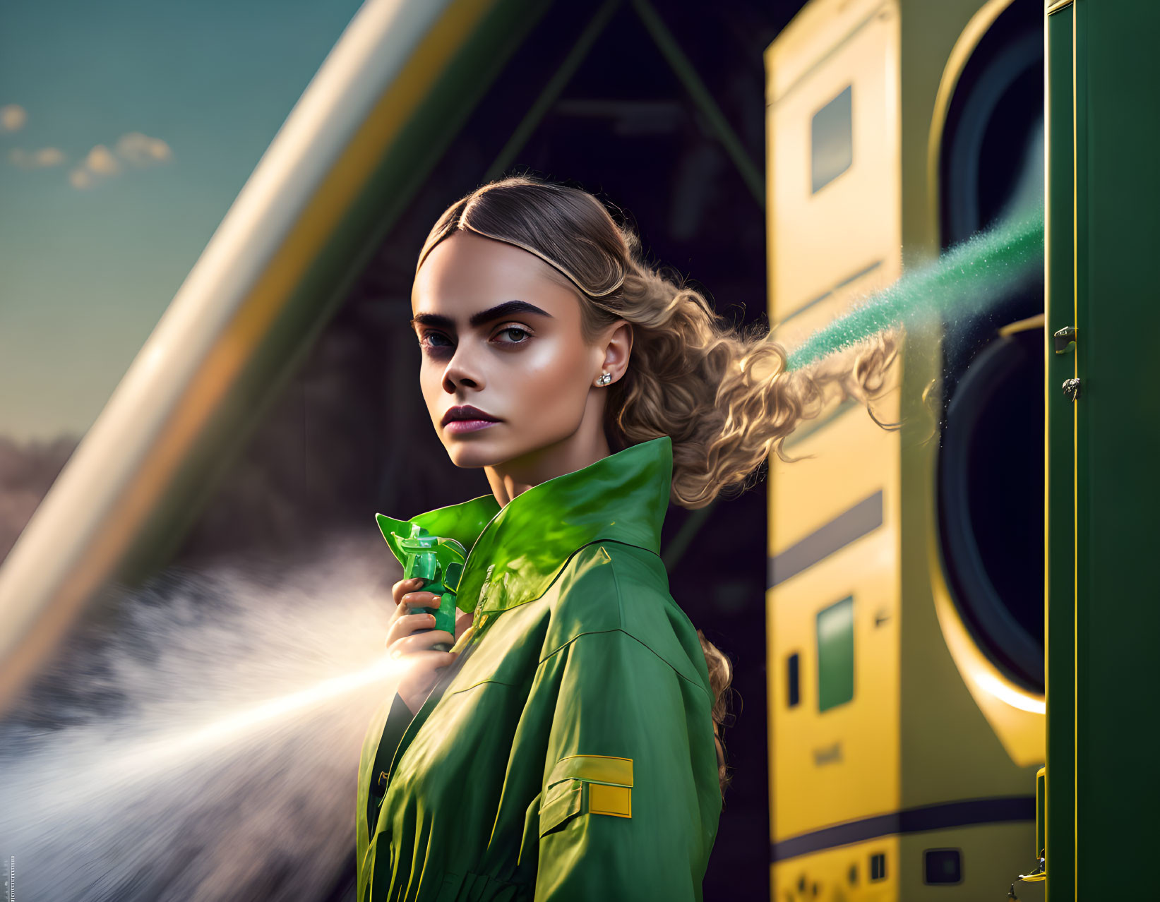 Woman in green coat by train under warm sunlight