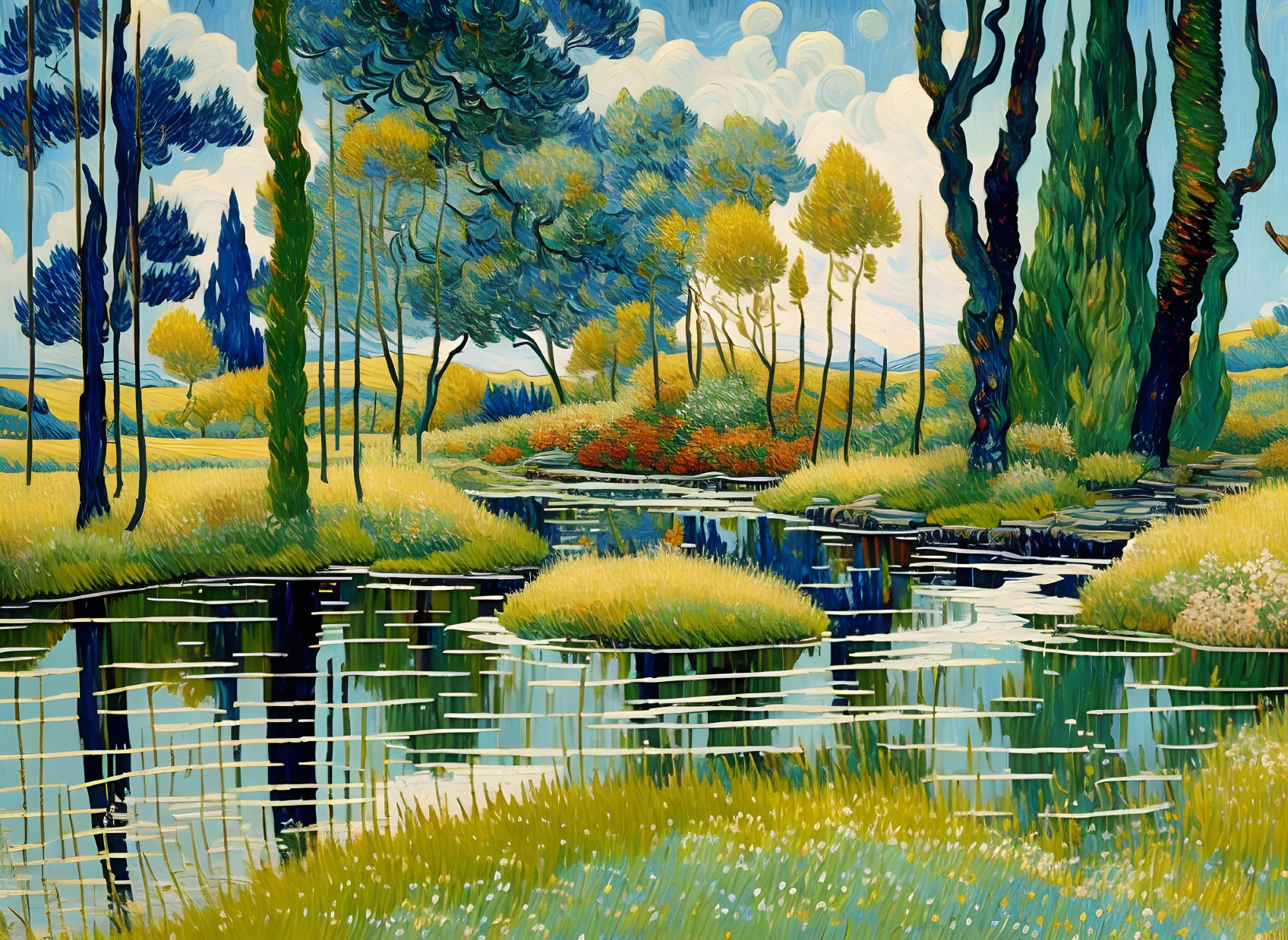 Colorful Stylized Landscape Painting with Trees, Stream, and Grass