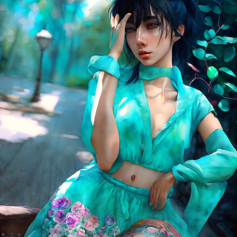 Blue Top Animated Character Poses Thoughtfully in Greenery