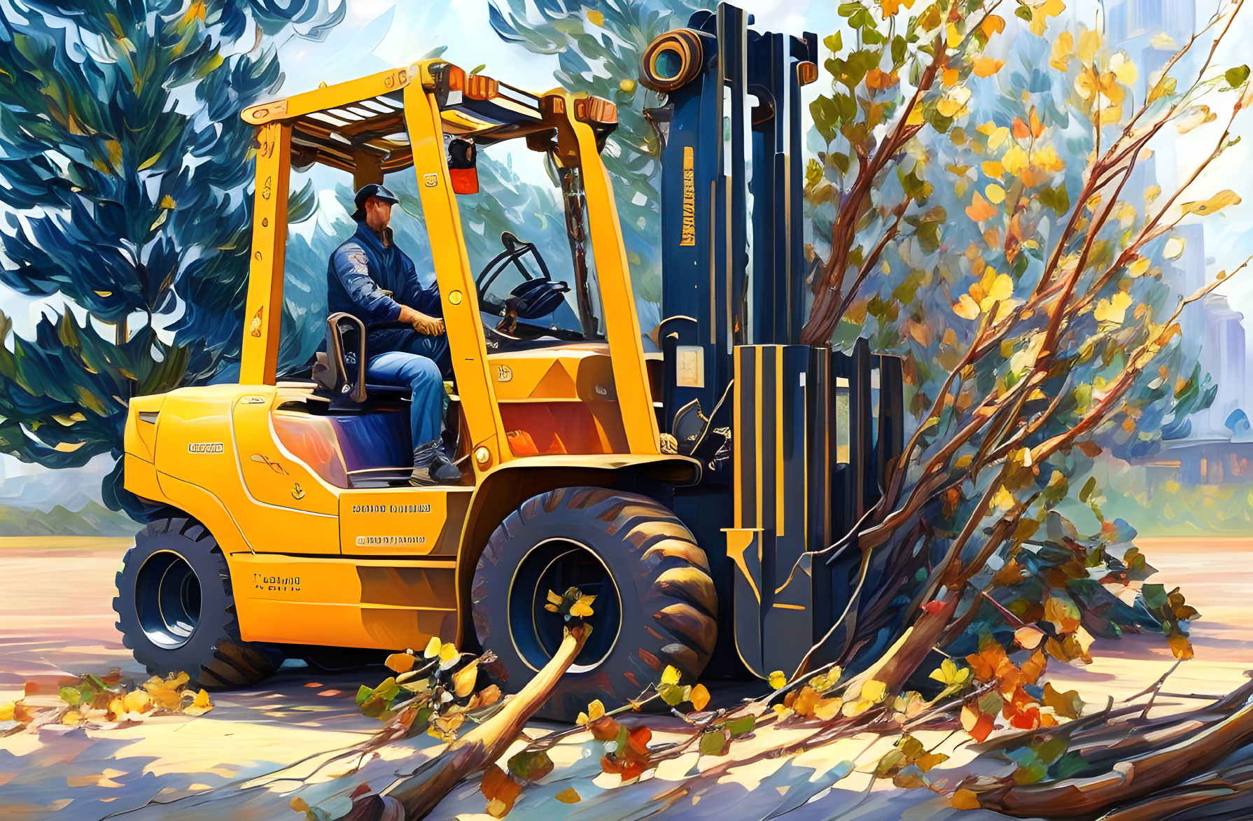 Illustration of person on yellow forklift in autumn setting with buildings.